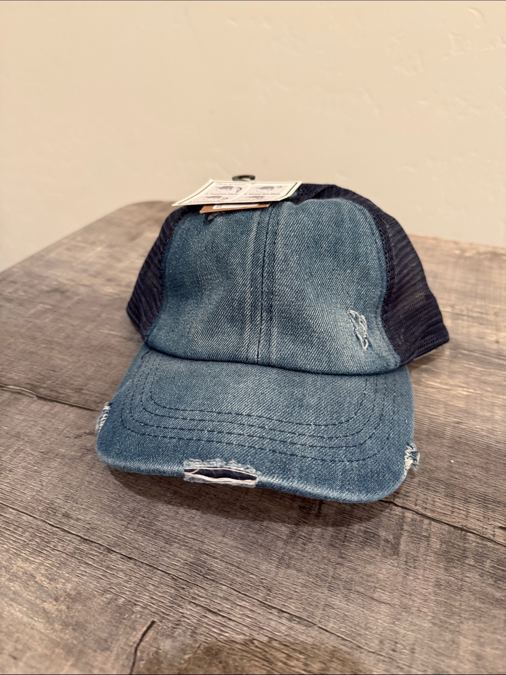 Denim ponytail Trucker Hat with Distressed Detail - Blue